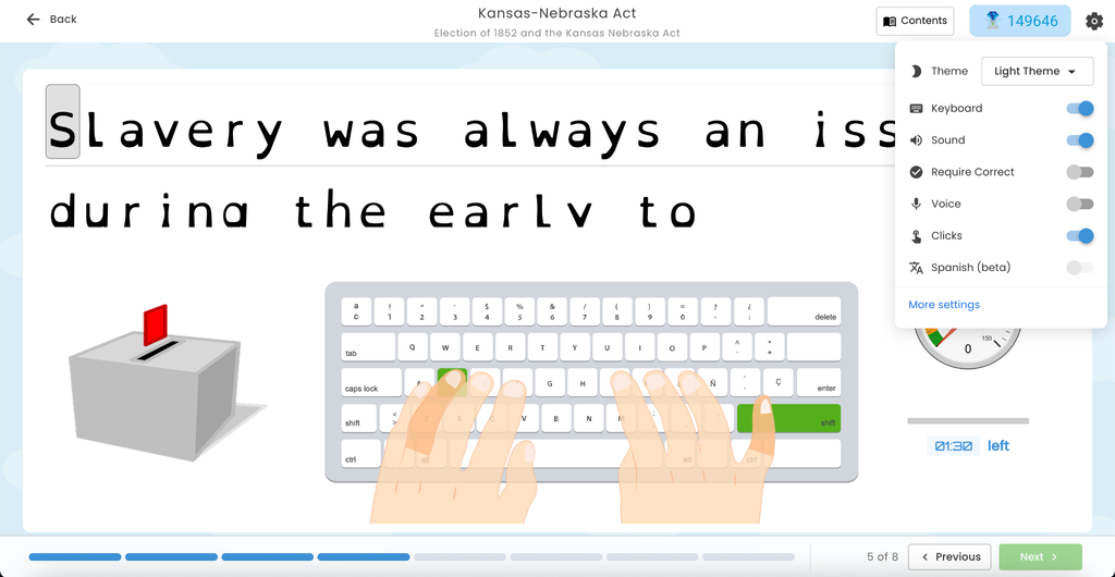 Typesy typing lesson open with the keyboard theme settings menu showing sound and voice options