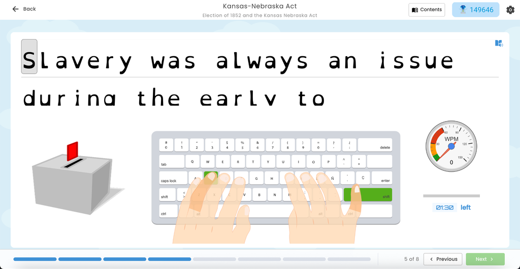 Typesy Course Runner update showing a typing lesson with the new contents progress bar and WPM gauge