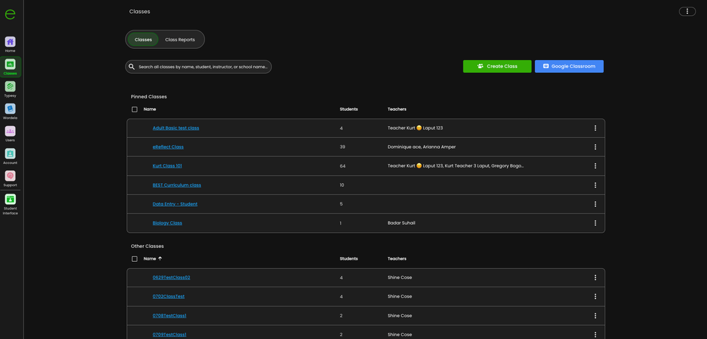 Typesy Classes admin view in High Contrast theme showing pinned and other classes