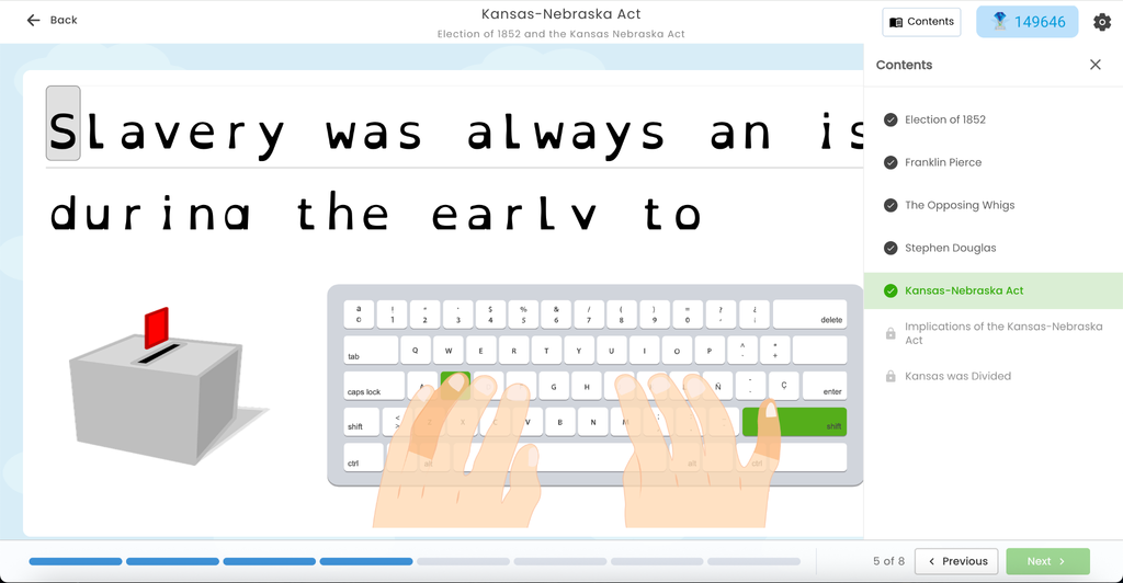 Typesy Contents panel open showing lesson progress with completed and locked activities