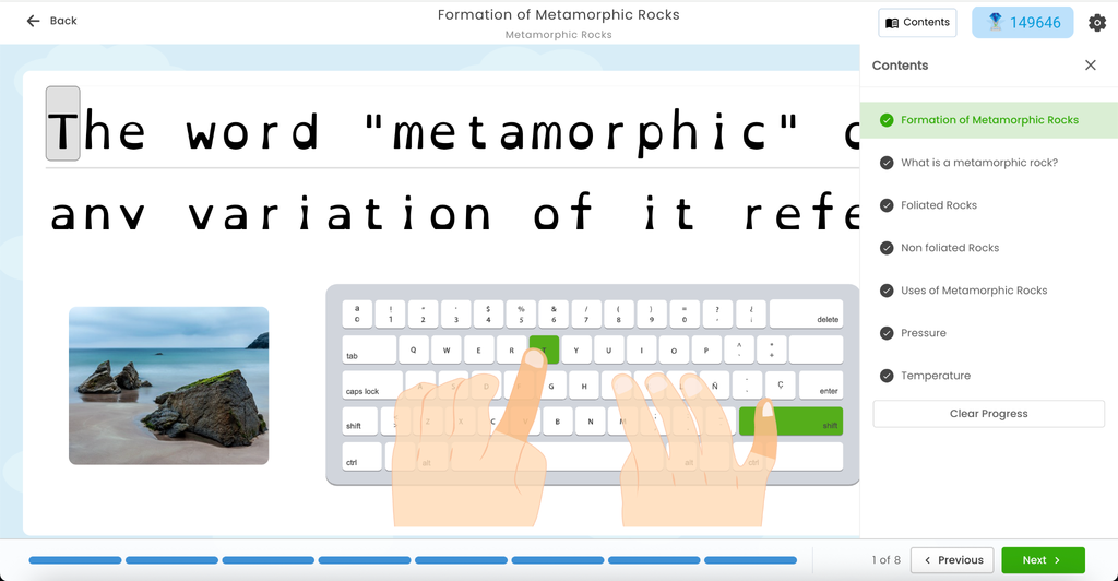 Typesy lesson with all Contents items checked off, showing a completed course