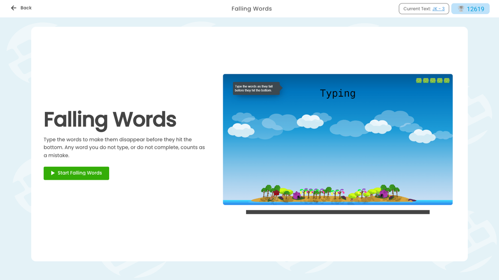 Typesy's redesigned Falling Words game intro screen with description on the left and game preview on the right