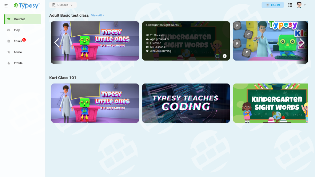 Typesy dashboard with the redesigned curriculum and course cards under Courses