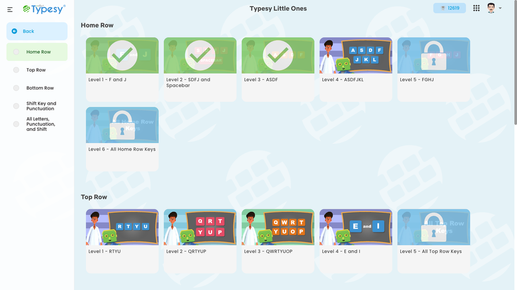 Typesy Little Ones curriculum with Home Row and Top Row course levels shown as cards