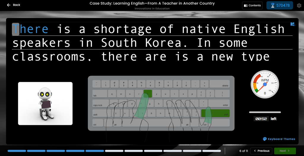 Typesy typing lesson on a dark keyboard theme with a robot avatar and WPM gauge