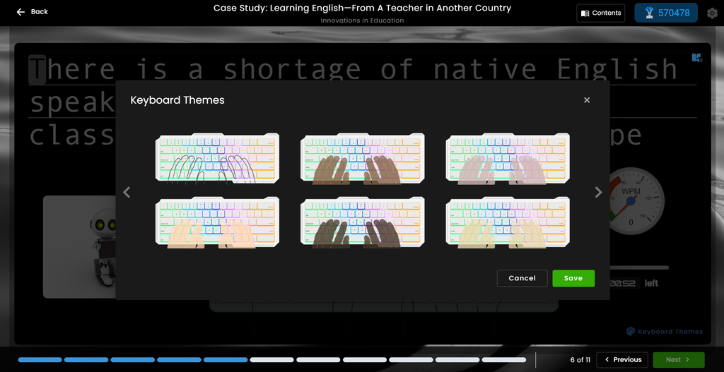 Typesy Keyboard Themes selection menu with multilingual keyboard layout options